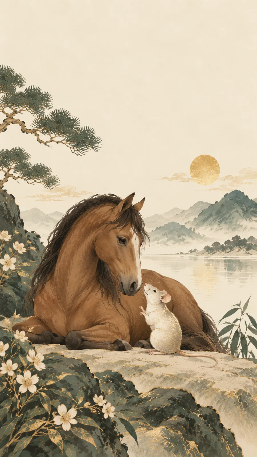 A horse and a mouse resting together beside a quiet lake